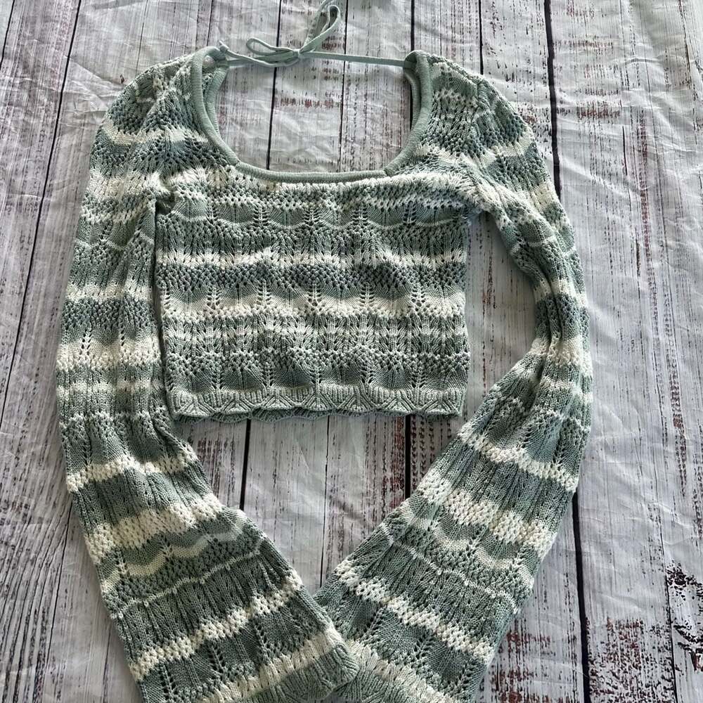 Hollister Green and White Striped Crochet Knit Long Sleeve Crop Sweater